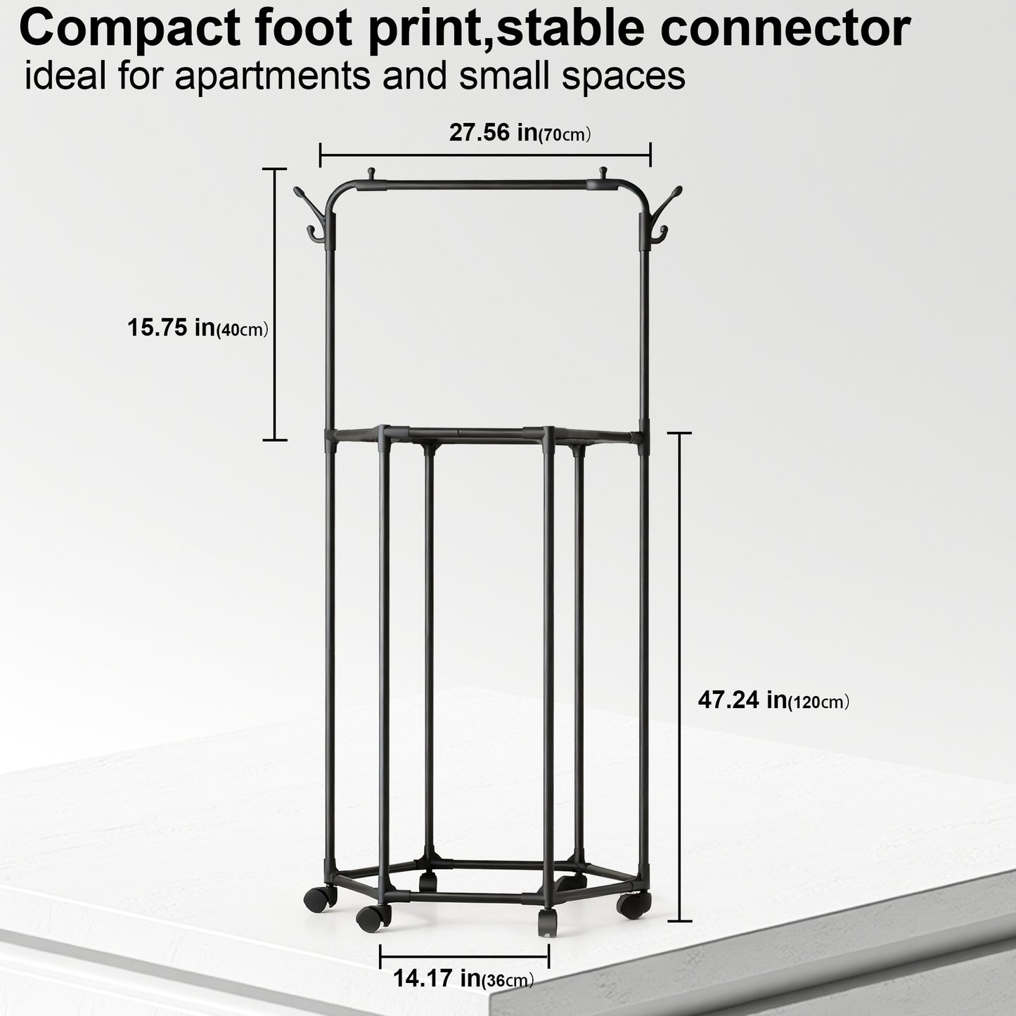 WEENEED Rolling Garment Rack with Wheels, Double-Layer Rotating Clothes & Coat Organizer with Hat Hooks, Multi-Functional Clothing Storage for Bedroom or Closet