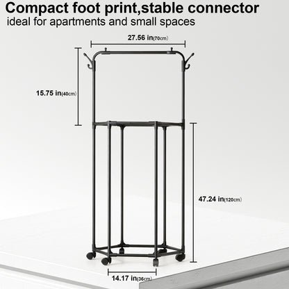 WEENEED Rolling Garment Rack with Wheels, Double-Layer Rotating Clothes & Coat Organizer with Hat Hooks, Multi-Functional Clothing Storage for Bedroom or Closet