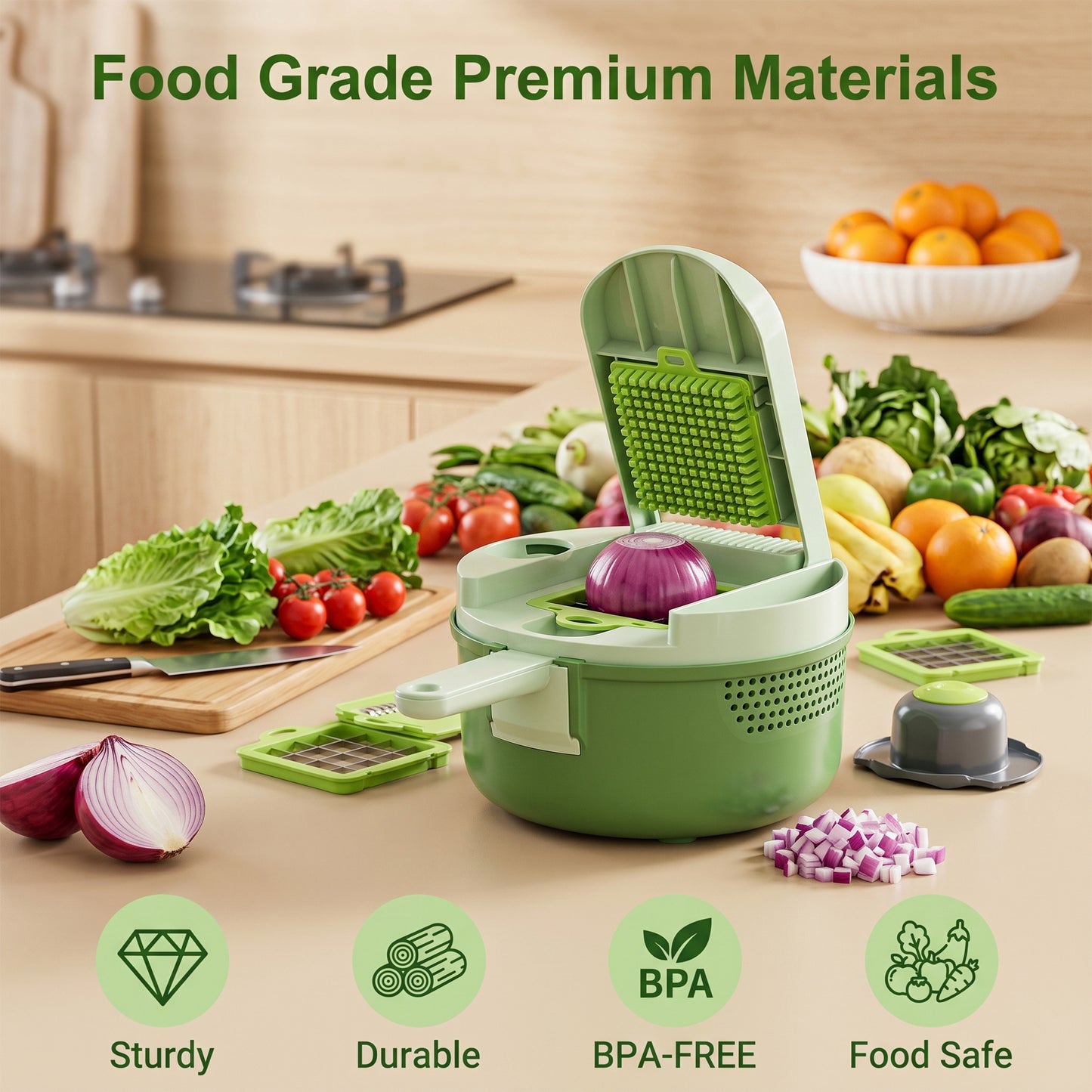 M Buder 15pcs Vegetable Chopper, Food Chopper with 8 Blades, Container, Vegetable Dicer Slicer for Onion, Veggie, Cheese, Green