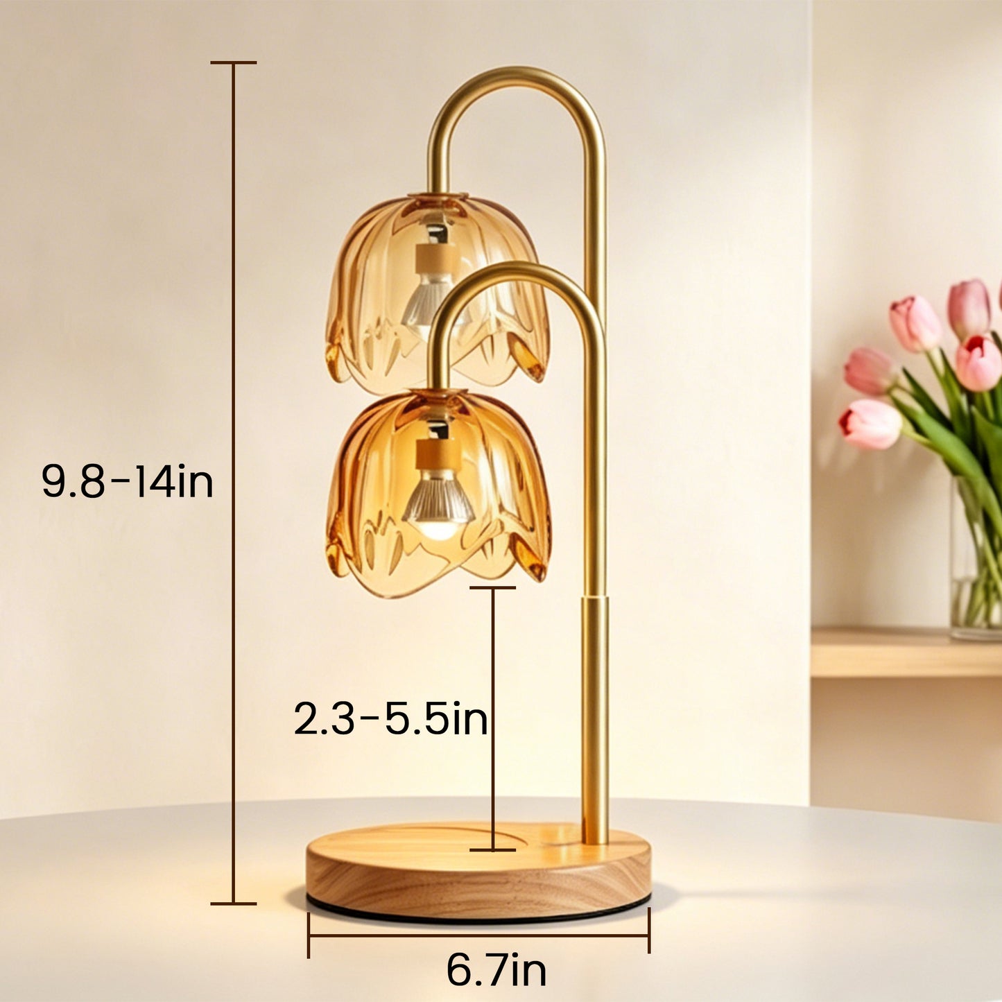 AOLIGO Electric Candle Warmer Lamp with Timer Adjustable Height Dimmable Flower Glass Wax Melting Light Wooden Base for Small Jars, Yellow
