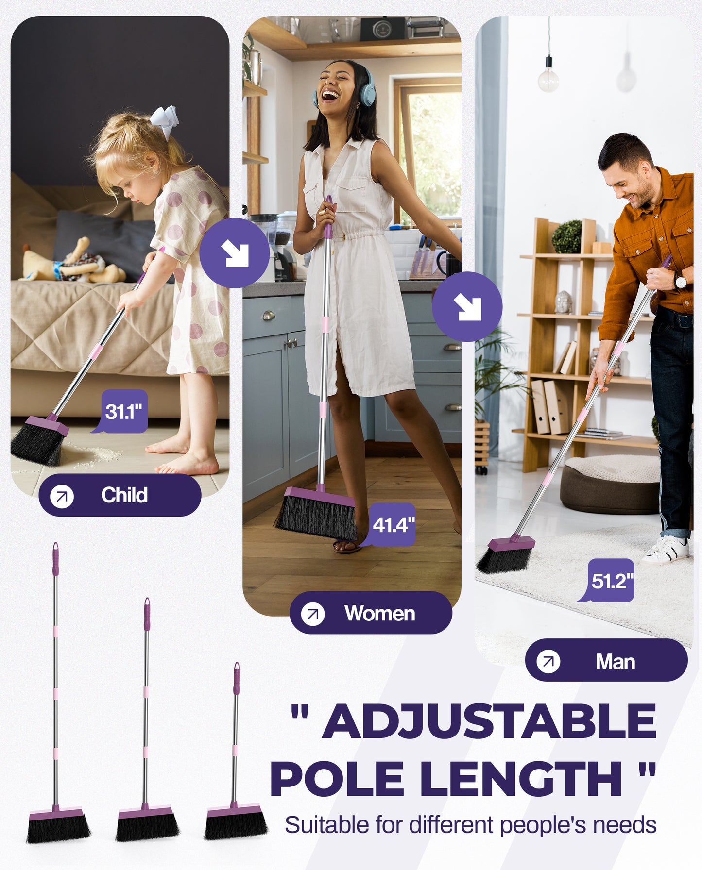 BIMZUC Broom and Dustpan Set for Home, 51" Long Handle Dustpan & Broom W/Comb, Purple Cleaning Kit