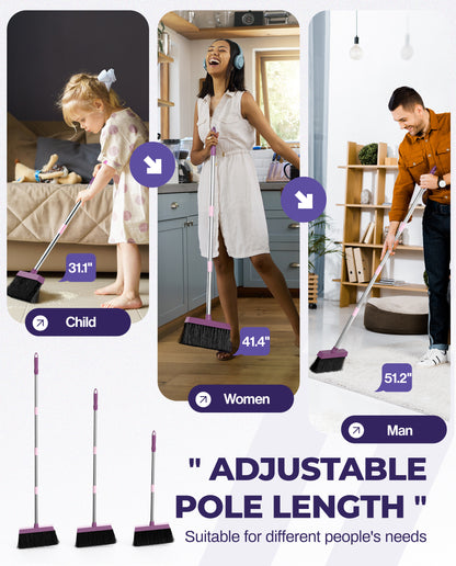 BIMZUC Broom and Dustpan Set for Home, 51" Long Handle Dustpan & Broom W/Comb, Purple Cleaning Kit