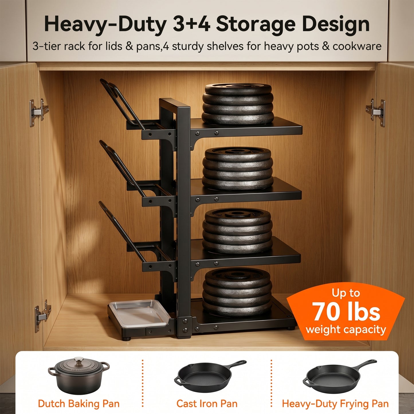 Riousery Pots and Pans Organizer, 7-Tier Adjustable Pan Rack with Lid Holder and Drip Tray, 220Lb Heavy Duty Metal Cookware Organizer for Kitchen Countertop & Cabinet, Black