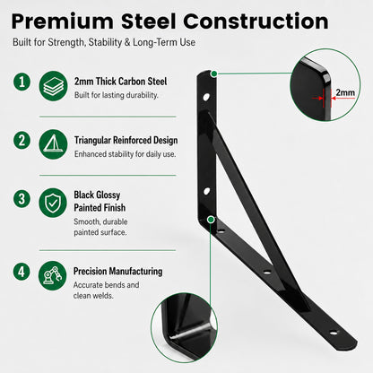 Riousery 12 Pack Heavy Duty Shelf Brackets, 2mm Thick Steel L Brackets for Wall Shelves, 7.9 x 4.7 in, 2mm Thick Carbon Steel Wall Shelf Supports with Mounting Hardware, Black