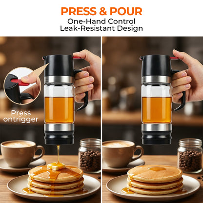 Riousery Honey Dispenser No Drip, 12oz Glass Syrup Dispenser with Press Lid, Leakproof Honey Jar with Silicone Seal, One-Hand Use for Honey, Oil, Sauces