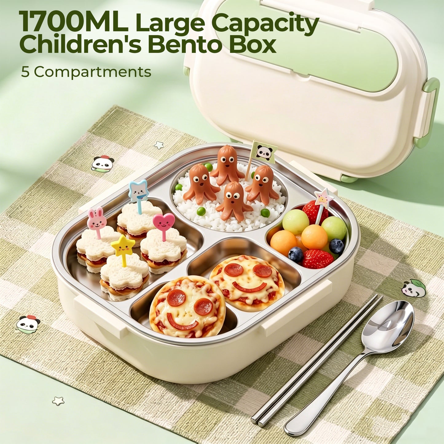 M Buder Bento Box for Kids, Leak-Proof 304 Stainless steel Lunch Box with 5 Compartments , Double Insulated Food Jar, Fork, Spoon, Green