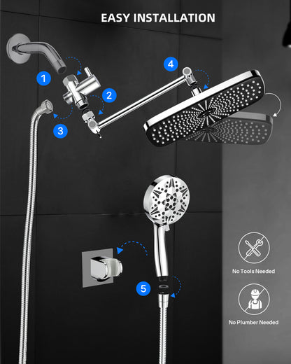 Hodvit 12 Inch High Pressure Rainfall Shower Head 10 Spray Handheld Showerhead Combo, with Extension Arm, Hose, New