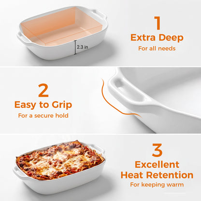 M Buder Casserole Dishes for Oven, Ceramic Baking Dish Set of 3, Thick Rectangular Baking Pans with Handles for Baking Cake, White