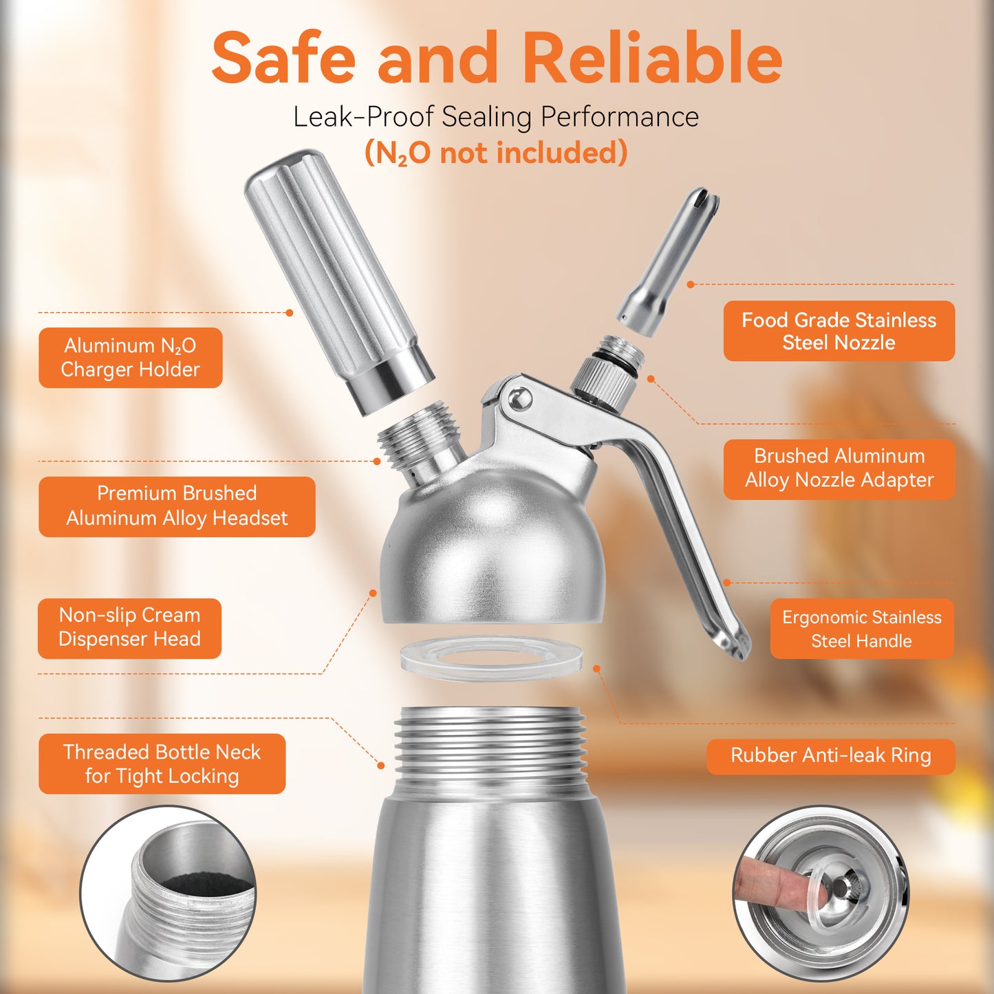 M Buder Whipped Cream Dispenser, Whip Cream Maker 500mL for Desserts Gourmet Cream Whipper with 3 Decorating Nozzles, Cleaning Brush, Silver