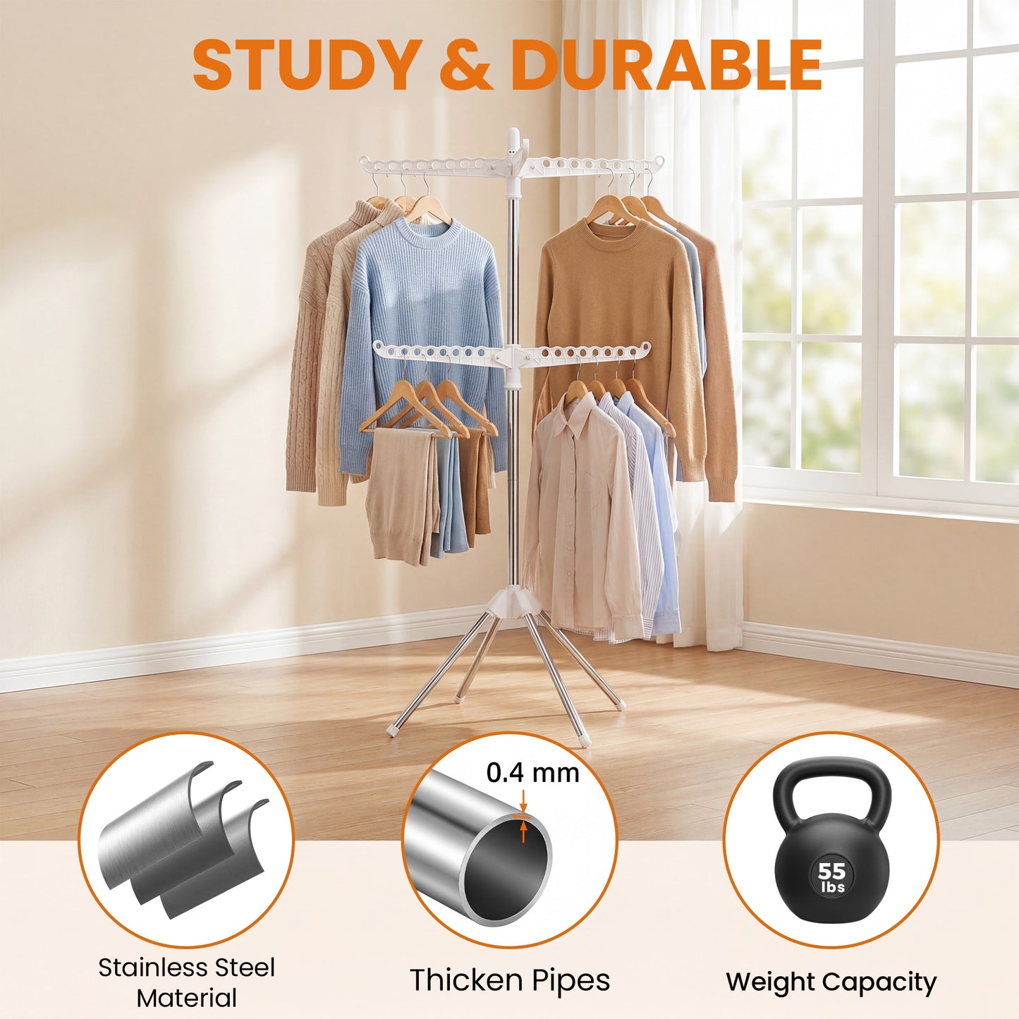 WEEUSE Clothes Drying Rack, Space Saving and 2-Tier Design, 6 Rotating Arms, Stainless Steel Frame with Quad Base, 74.8 in Height