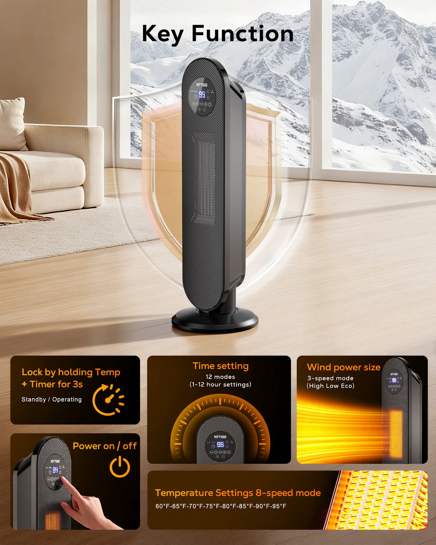 NFTIGB 25" Space Heater for Indoor Large Room, 1500w Oscillating Electric Heaters with Remote Fast Heating,New