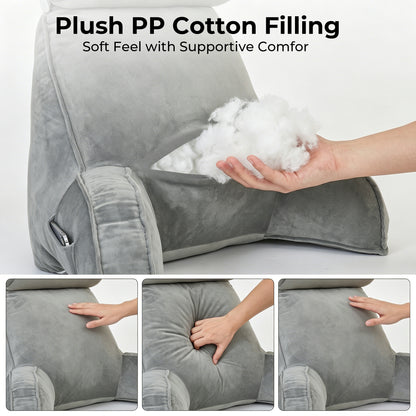 Riousery Reading Pillow with Arms and Semi-Round Neck Roll, Bed Rest Pillow for Sitting Up in Bed, Back Support Pillow with Phone Pocket for Reading, Watching TV and Gaming, Gray