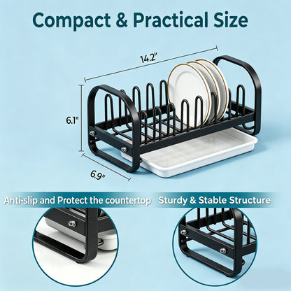 Riousery Dish Drying Rack with Drainboard, Compact Stainless Steel Dish Drainer for Small Kitchen Counter, 14.2" x 6.9" x 6.1", Black