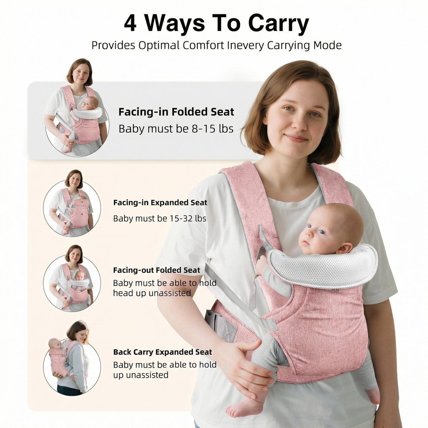 RUPOUN Baby Carrier, Convertible Soft & Cool Baby Carrier, 4-Position, Pink, for Child, Infant, Newborn