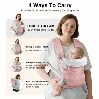 RUPOUN Baby Carrier, Convertible Soft & Cool Baby Carrier, 4-Position, Pink, for Child, Infant, Newborn