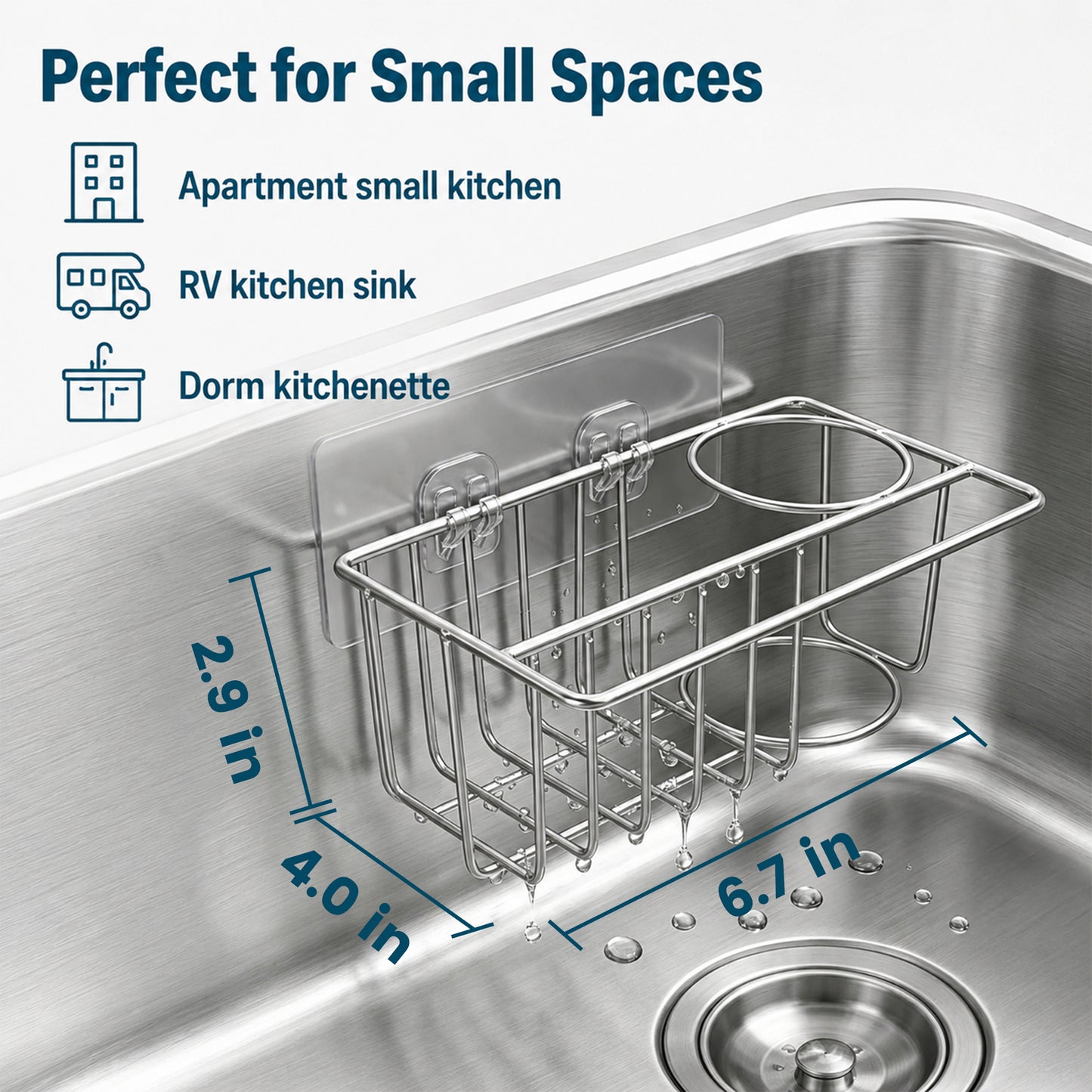 Riousery Compact Kitchen Sink Caddy, Adhesive Sponge Holder, 6.7 x 4.0 x 2.9 in Stainless Steel Mini Sink Organizer with Brush Holder and Dishcloth Bar, Rust Resistant