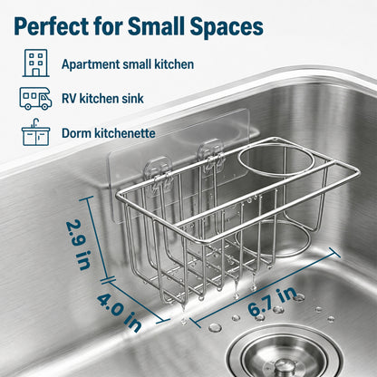 Riousery Compact Kitchen Sink Caddy, Adhesive Sponge Holder, 6.7 x 4.0 x 2.9 in Stainless Steel Mini Sink Organizer with Brush Holder and Dishcloth Bar, Rust Resistant