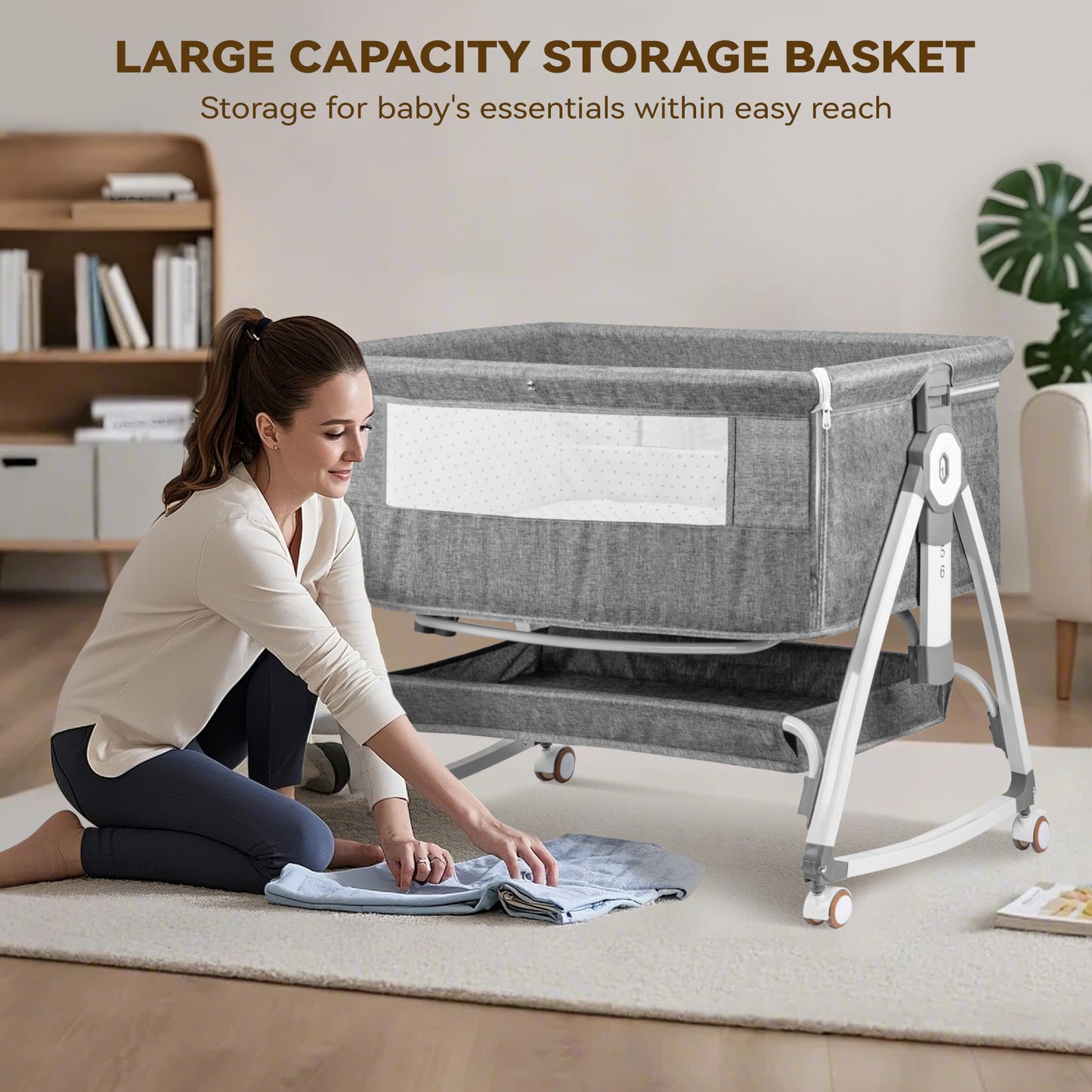 Rupoun Bassinet, Bedside Sleeper, Foldable Baby Crib with 6 Adjustable Heights and Mesh Panels, for Infant Newborn Child, Gray