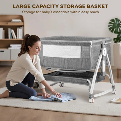Rupoun Bassinet, Bedside Sleeper, Foldable Baby Crib with 6 Adjustable Heights and Mesh Panels, for Infant Newborn Child, Gray