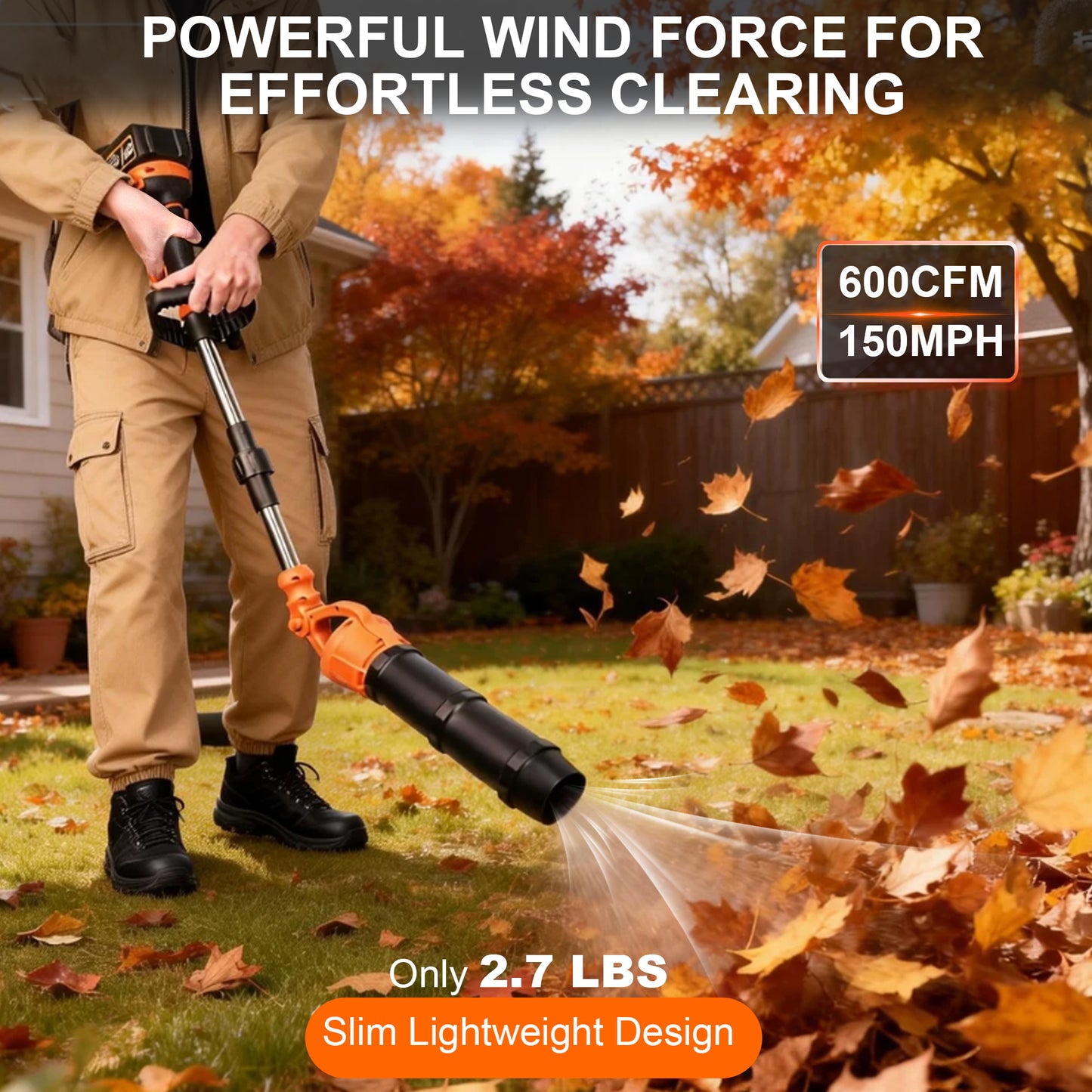 HOTREE Cordless Leaf Blower, 2*21V 400W 600CFM 150MPH, Detachable Foldable, Rotating Leaf Blower, Suitable For Gardens Patios and Streets, Orange