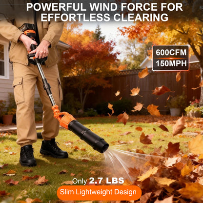 HOTREE Cordless Leaf Blower, 2*21V 400W 600CFM 150MPH, Detachable Foldable, Rotating Leaf Blower, Suitable For Gardens Patios and Streets, Orange