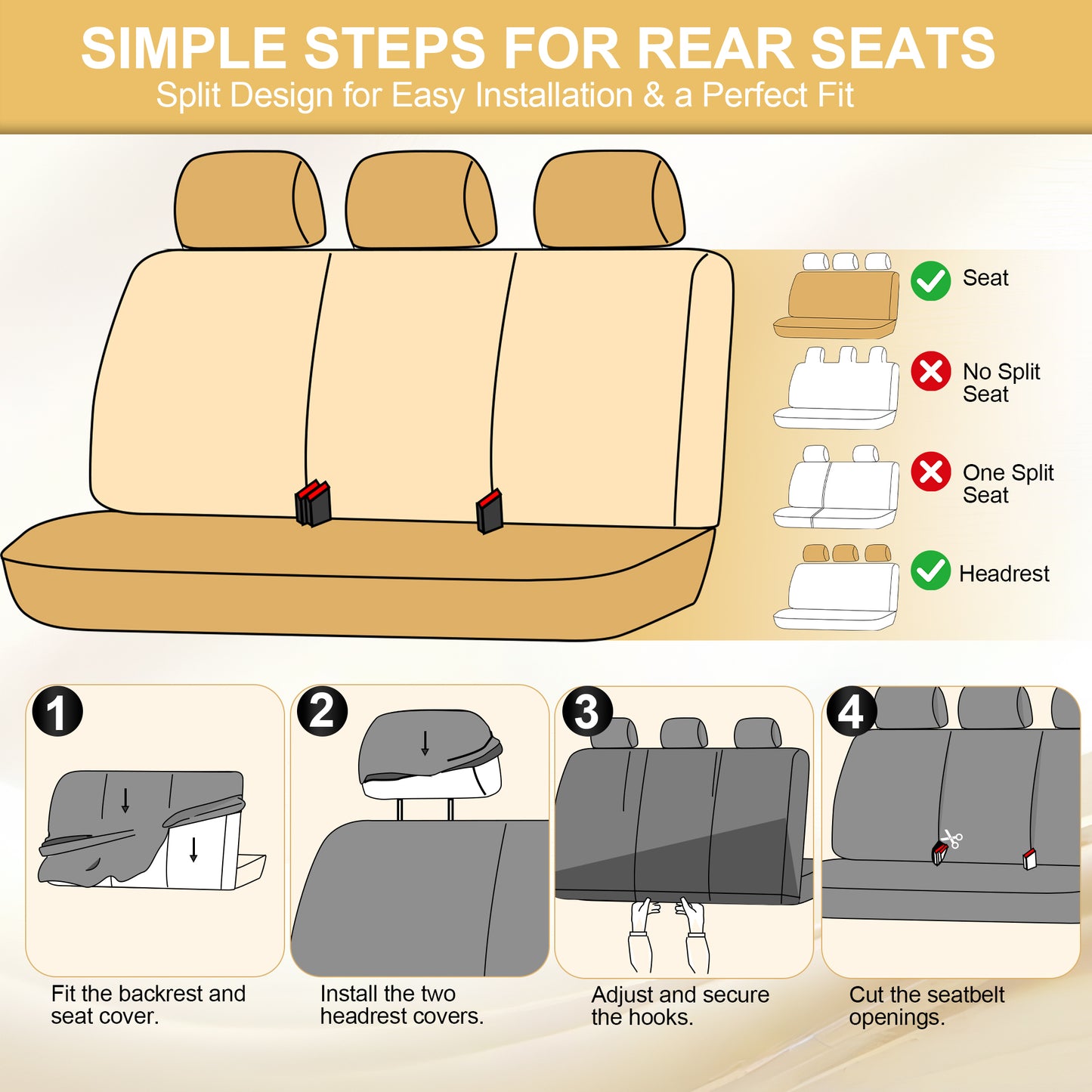 FLORAY 9-Piece Car Seat Covers - Airbag Safe, Thickened, Split Rear, Machine Washable - Universal Fit for Cars, SUVs, Trucks, Beige