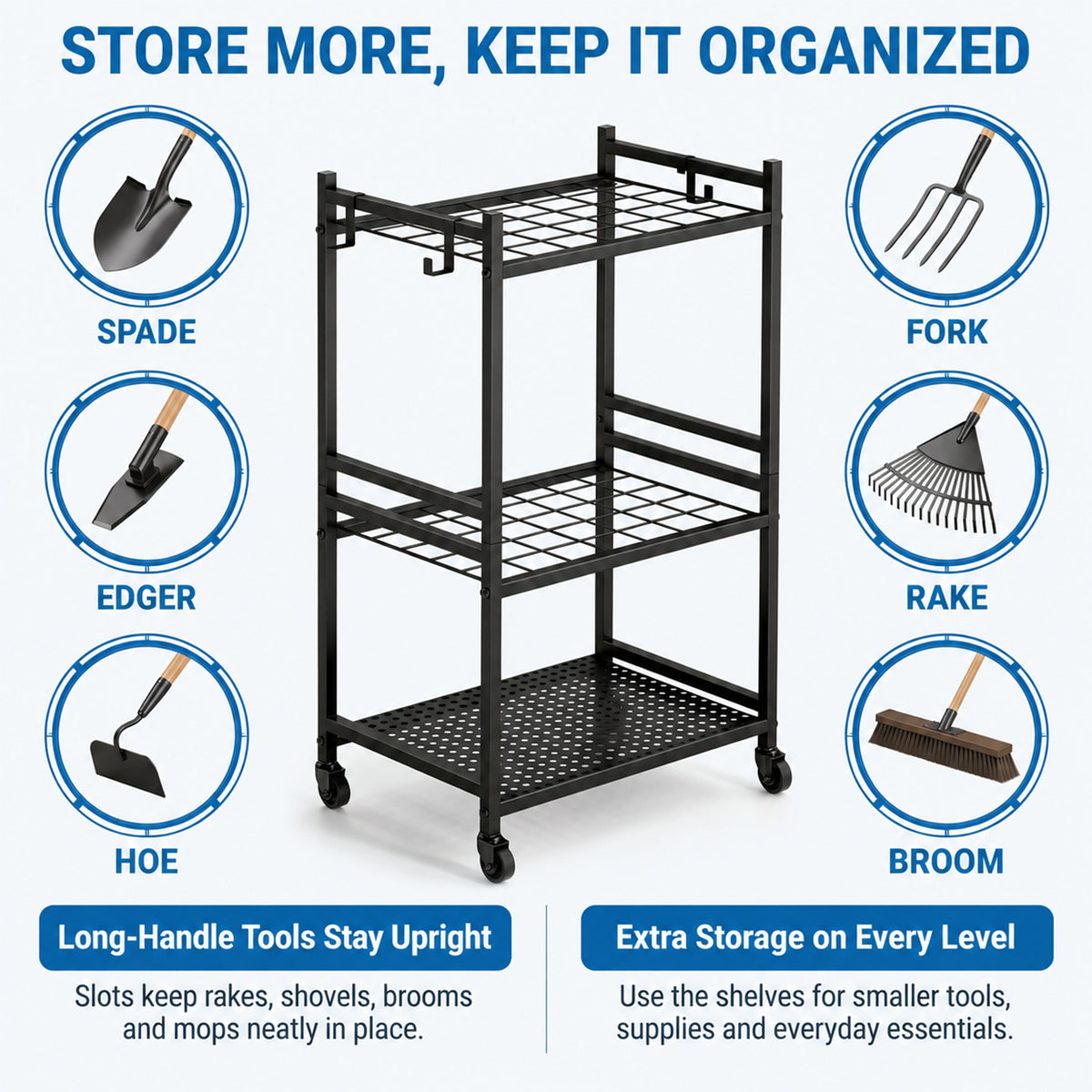 Riousery Garden Tool Organizer with Lockable Wheels, Heavy Duty Steel Yard Tool Rack, Garage Storage Stand with Hooks for Brooms, Rakes, Shovels, Mops