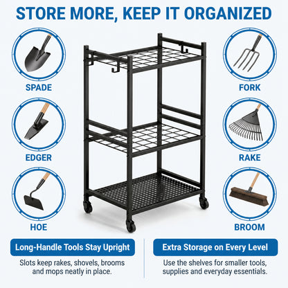 Riousery Garden Tool Organizer with Lockable Wheels, Heavy Duty Steel Yard Tool Rack, Garage Storage Stand with Hooks for Brooms, Rakes, Shovels, Mops