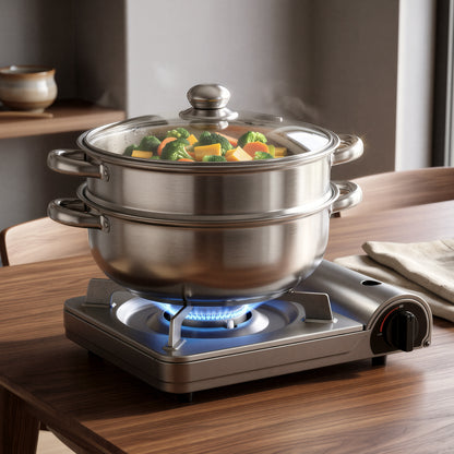 LZSDS Steamer Basket 2 Tier Stainless Steel 11 In, Stackable Steamer Insert Pot with Glass Lid for Vegetables Dumplings
