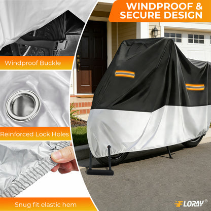 FLORAY Lightweight All-Season Motorcycle Cover, Waterproof Outdoor Protection with Reflective Strips and Windproof Buckles, 2XL
