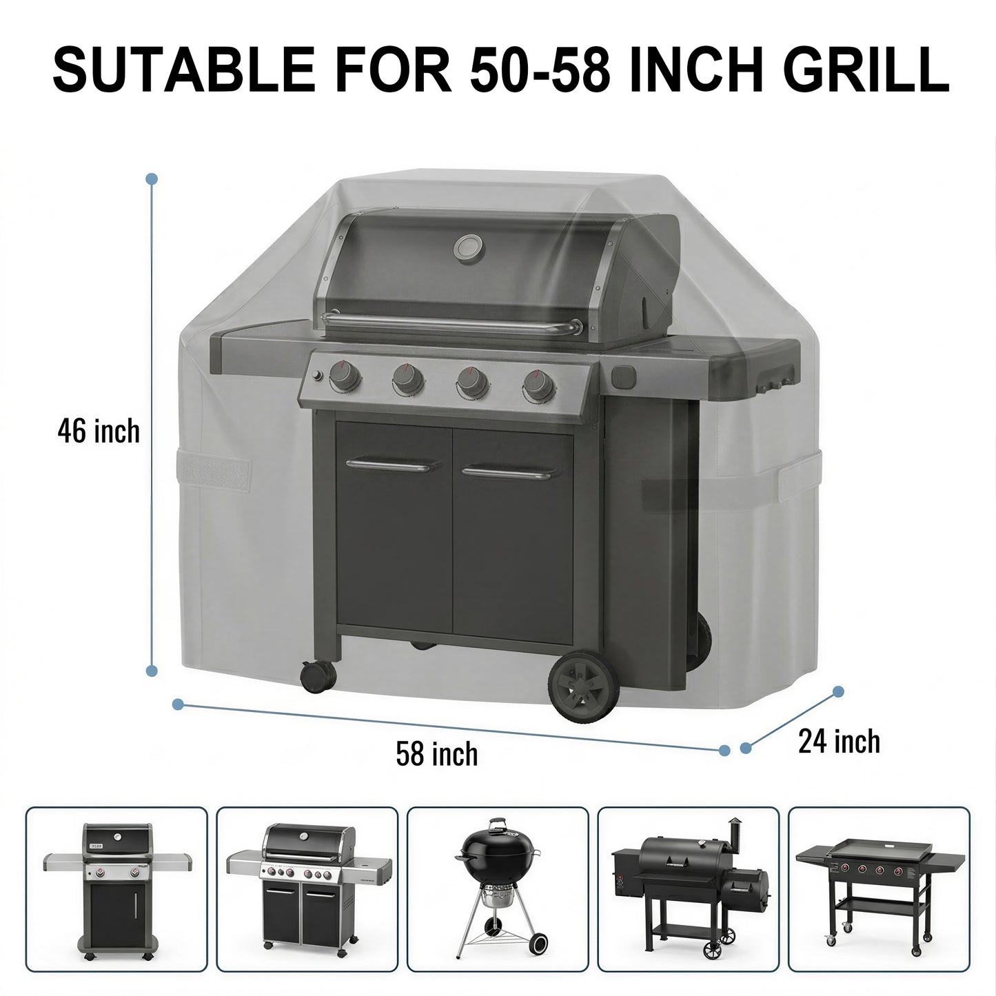 OHHANI Grill Covers, 58"W x 24"D x 46"H Outdoor, 210D Oxford with Adjustable Drawstring & Storage Bag, UV Protect, for BBQ