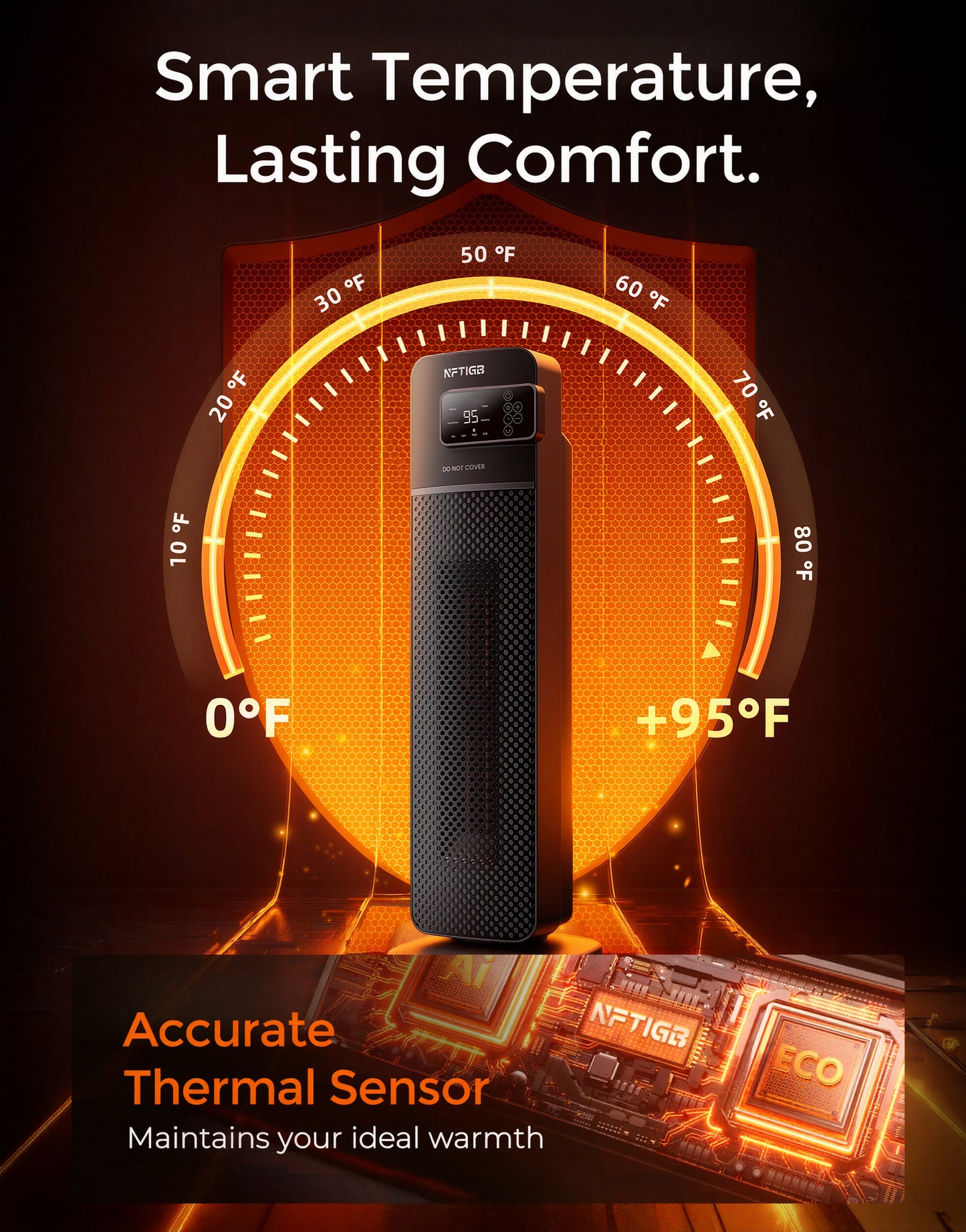 NFTIGB 24 inch PTC Ceramic Tower Heater for Home with Tip-Over Switch, Digital Display, Thermostat, Wide Oscillation, Remote, Timer, Gray