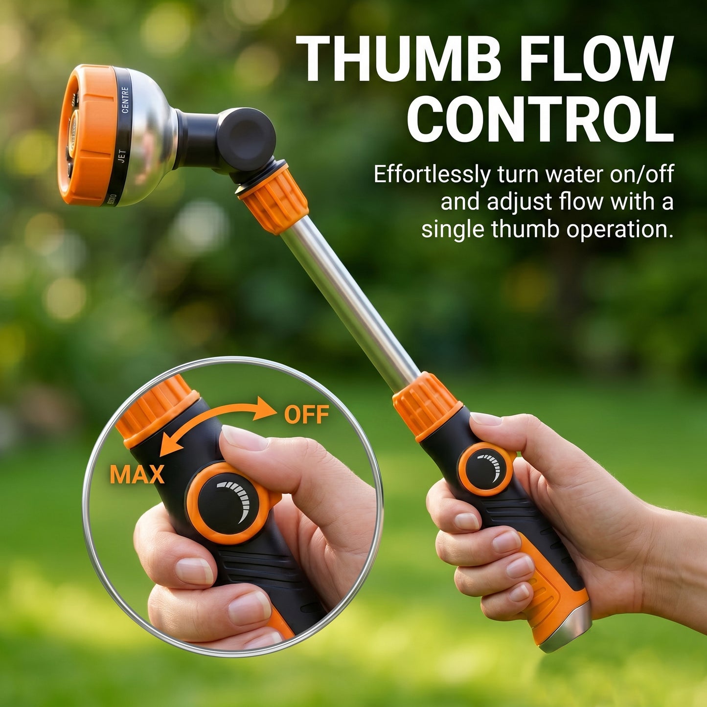 OHHANI Metal Watering Wand with 8 Spray Patterns Thumb Control, 180° Adjustable Nozzle, for Watering Hanging Baskets, Shrubs, and Car Washing