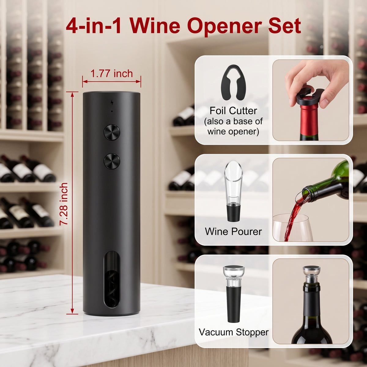 M Buder Electric Wine Opener, Automatic Wine Bottle Opener Set with Foil Cutter Vacuum Stopper and Storage Base, Cordless Automatic Corkscrew for Kitchen and Parties