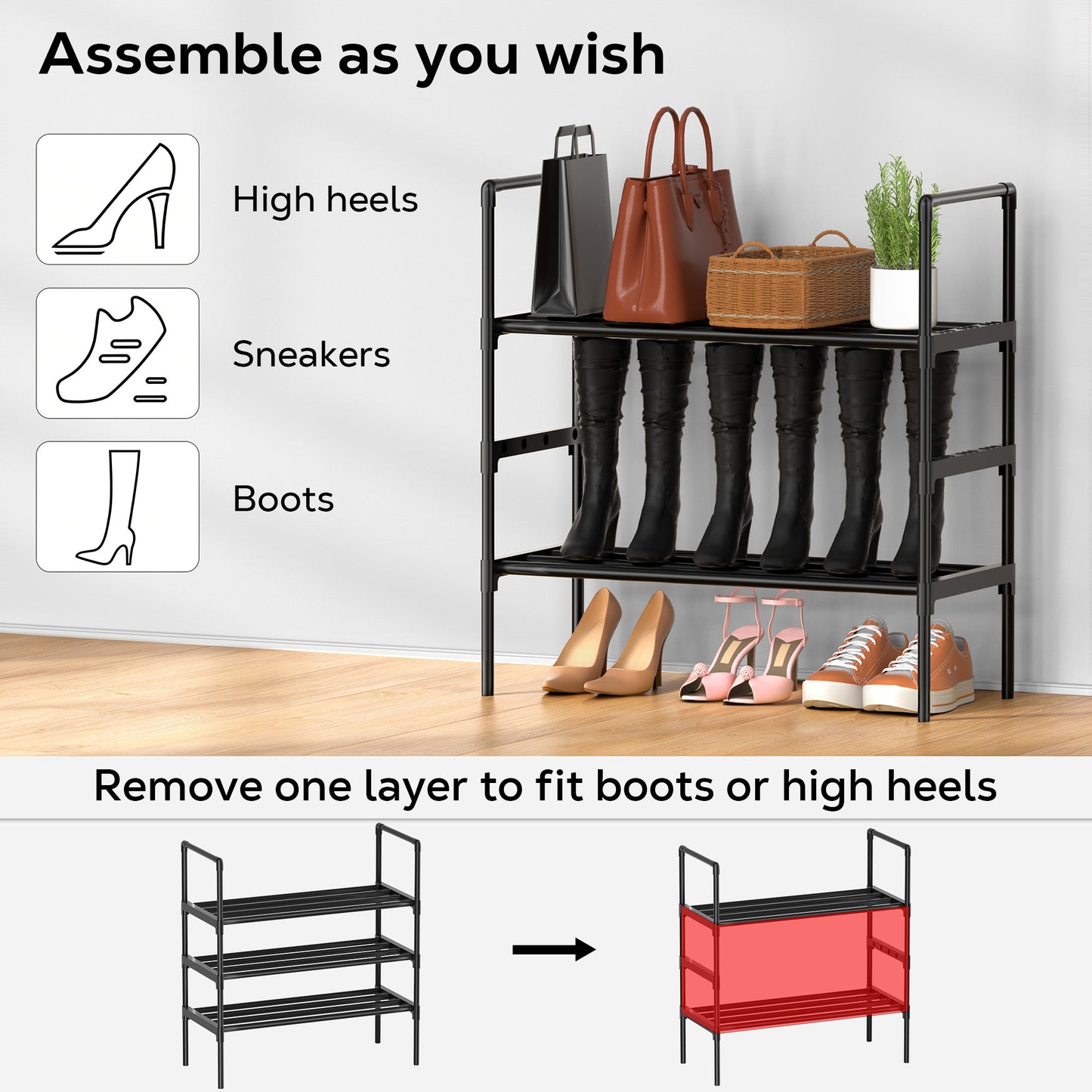 WEENEED 3-Tier All-Steel Shoe Rack, Stackable & Adjustable Metal Shoe Organizer for Entryway, Closet, or Bedroom, Heavy-Duty Storage Shelf for Boots and Heels