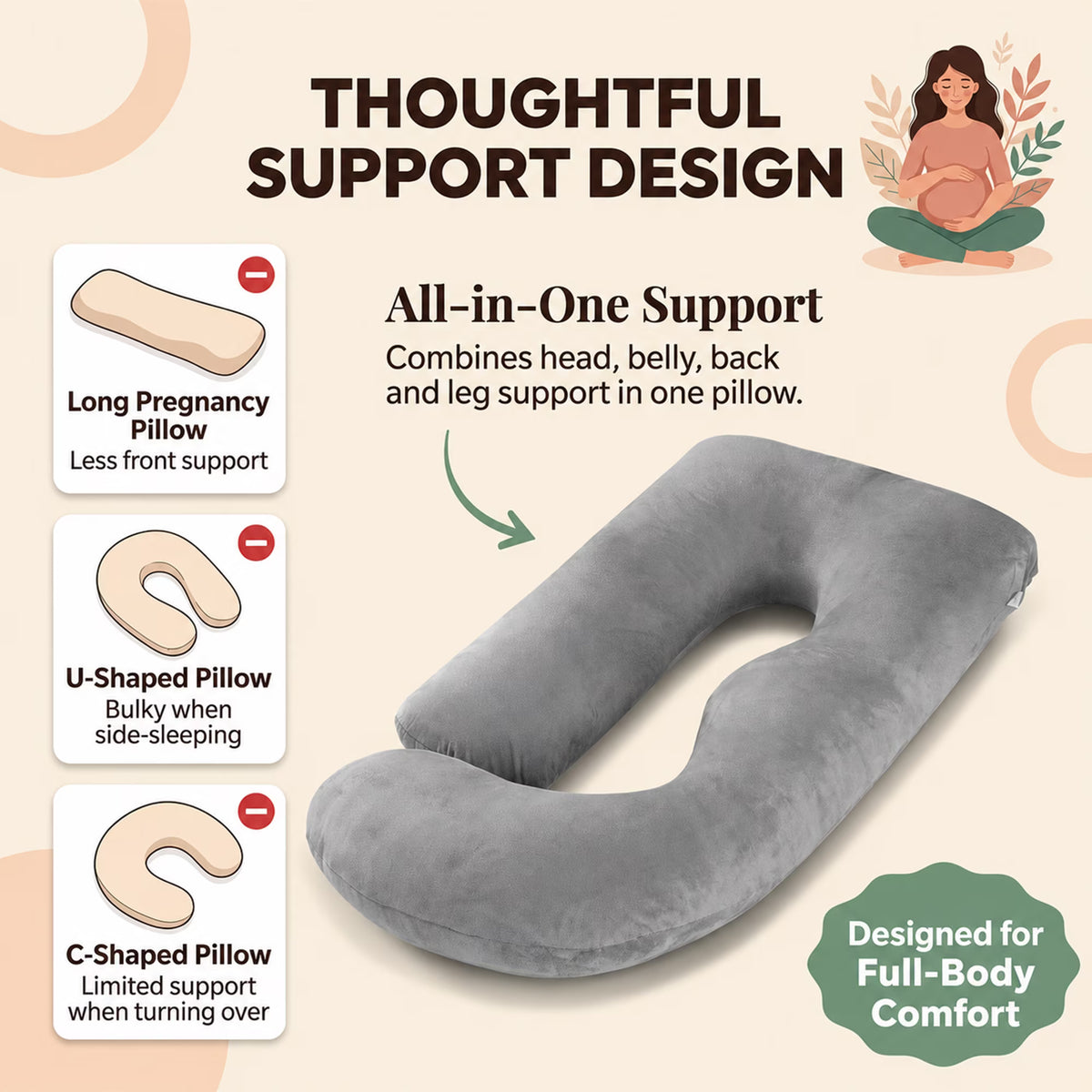 Pregnancy Pillow U Shaped Full Body Soft Maternity Pillow with Removable Velvet Cover, 70 Inch, Gray