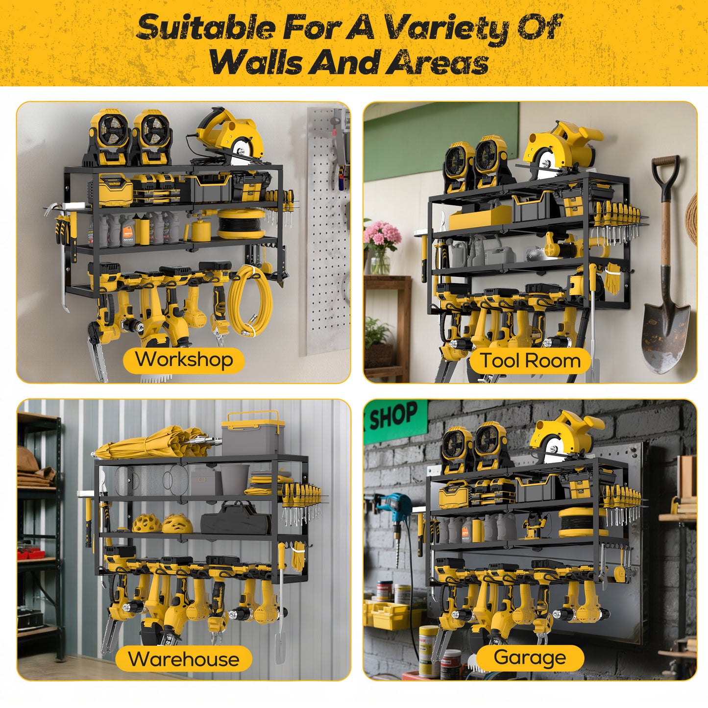 Riousery Heavy Duty Power Tool Organizer Wall Mount, 8 Drill Holder Rack with Hooks, 4-Tier Tool Storage Shelf with 350Lbs Load Capacity, Garage Tool Rack for Workshop Shed Pegboard Wall