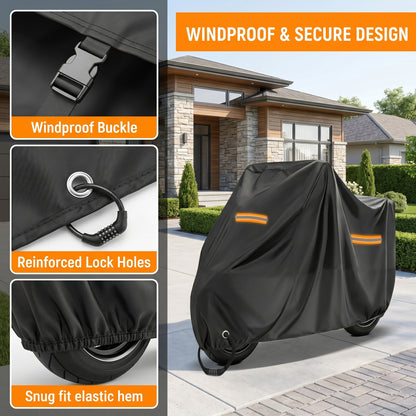 FLORAY Lightweight All-Season Motorcycle Cover, Waterproof Outdoor Protection with Reflective Strips and Windproof Buckles, 2XL, Black