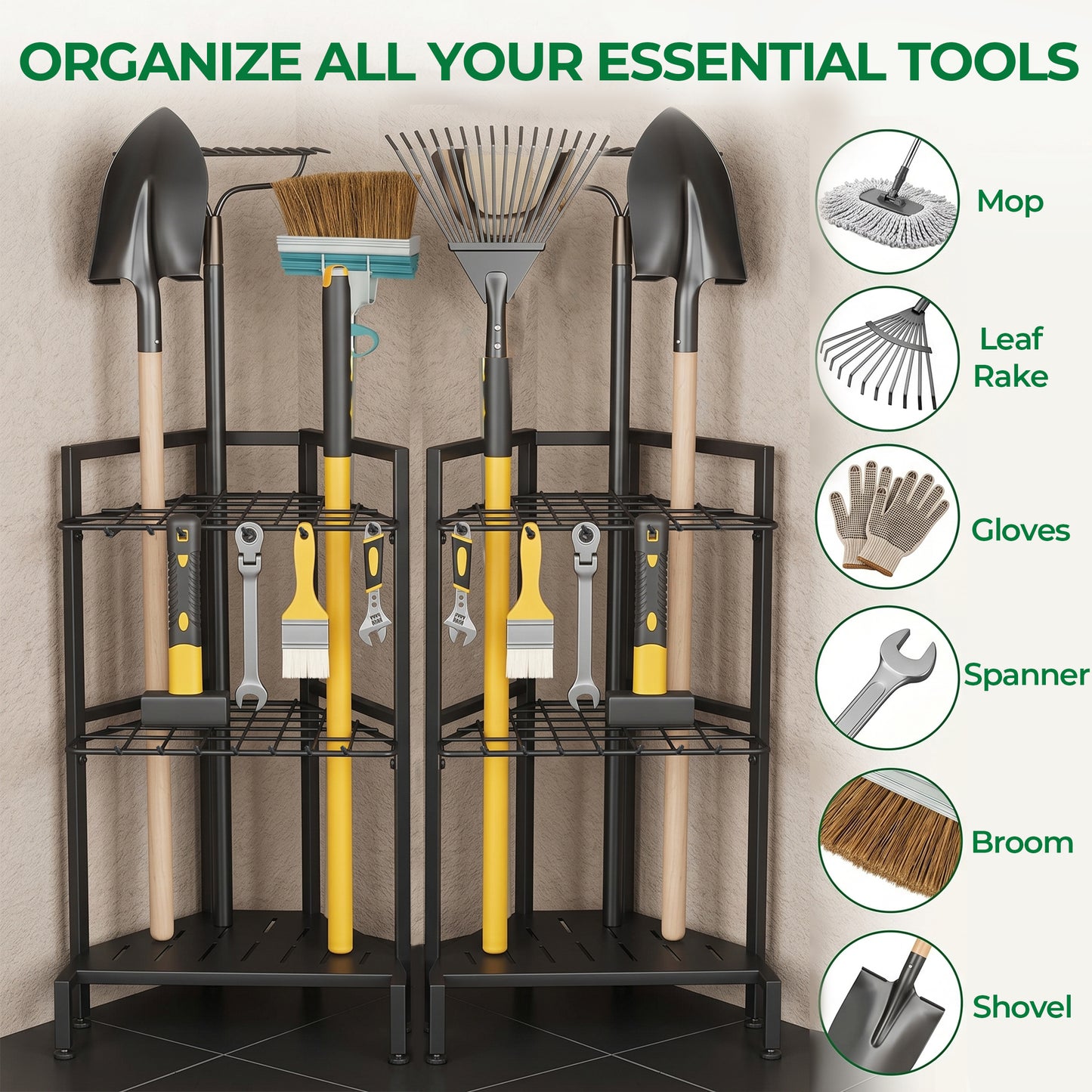 Riousery Garden Tool Organizer, Heavy Duty Metal Yard Tool Tower Rack with 34 Storage Slots & 14 Hooks for Garage Organization and Storage