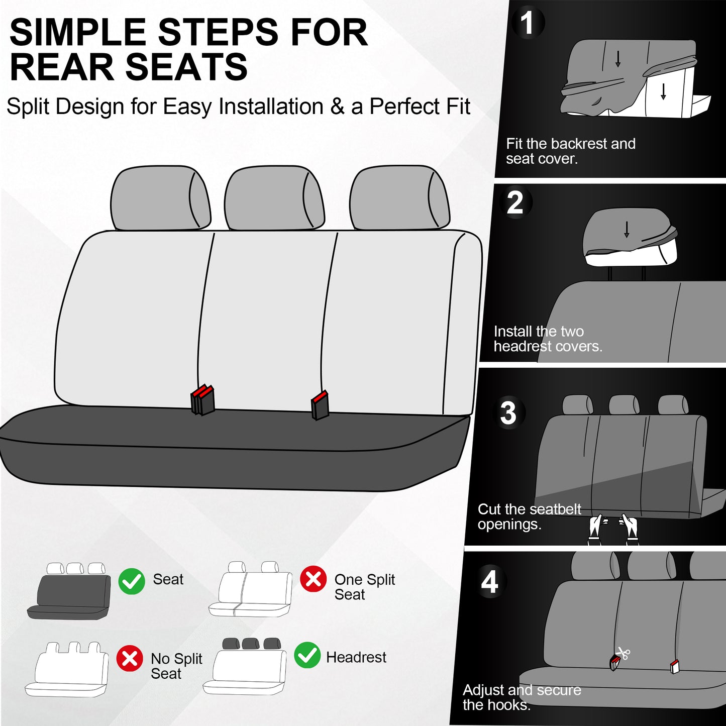 FLORAY 9-Piece Car Seat Covers - Airbag Safe, Thickened, Split Rear, Machine Washable - Universal Fit for Cars, SUVs, Trucks, Black