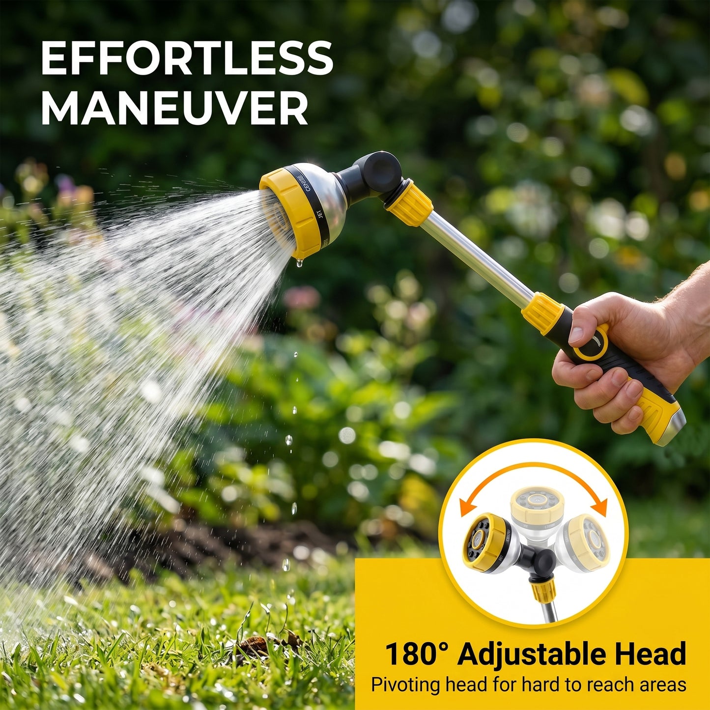 OHHANI Metal Watering Wand with 8 Spray Patterns Thumb Control, 180° Adjustable Nozzle, for Watering Hanging Baskets Yellow