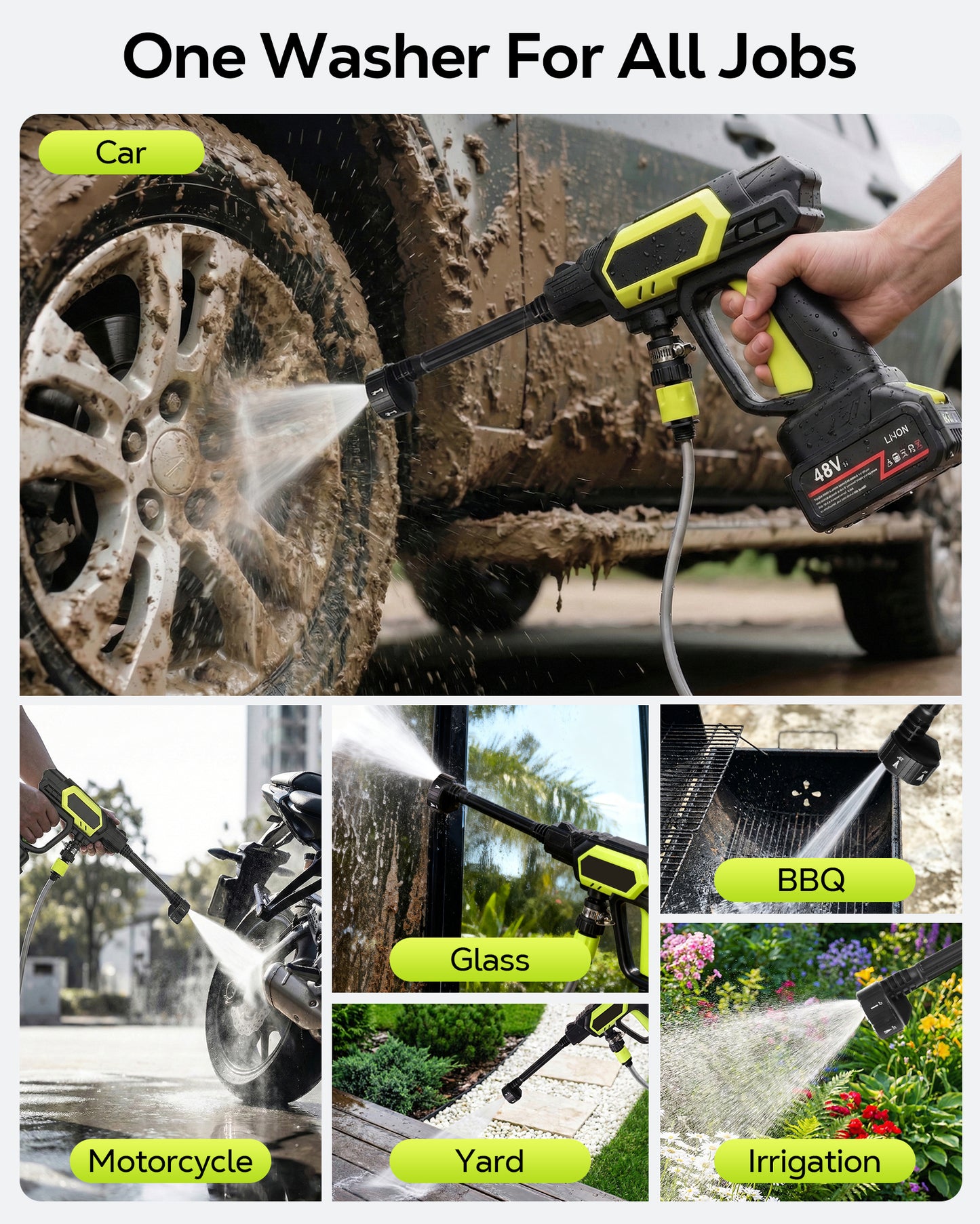 OHHANI Cordless Pressure Washer, 1000PSI 2.4GPM 6-in-1 Nozzles, Portable Handheld Pressure Washer, 48V with Two 1500mAh Batteries, Suitable for Home Car Garden