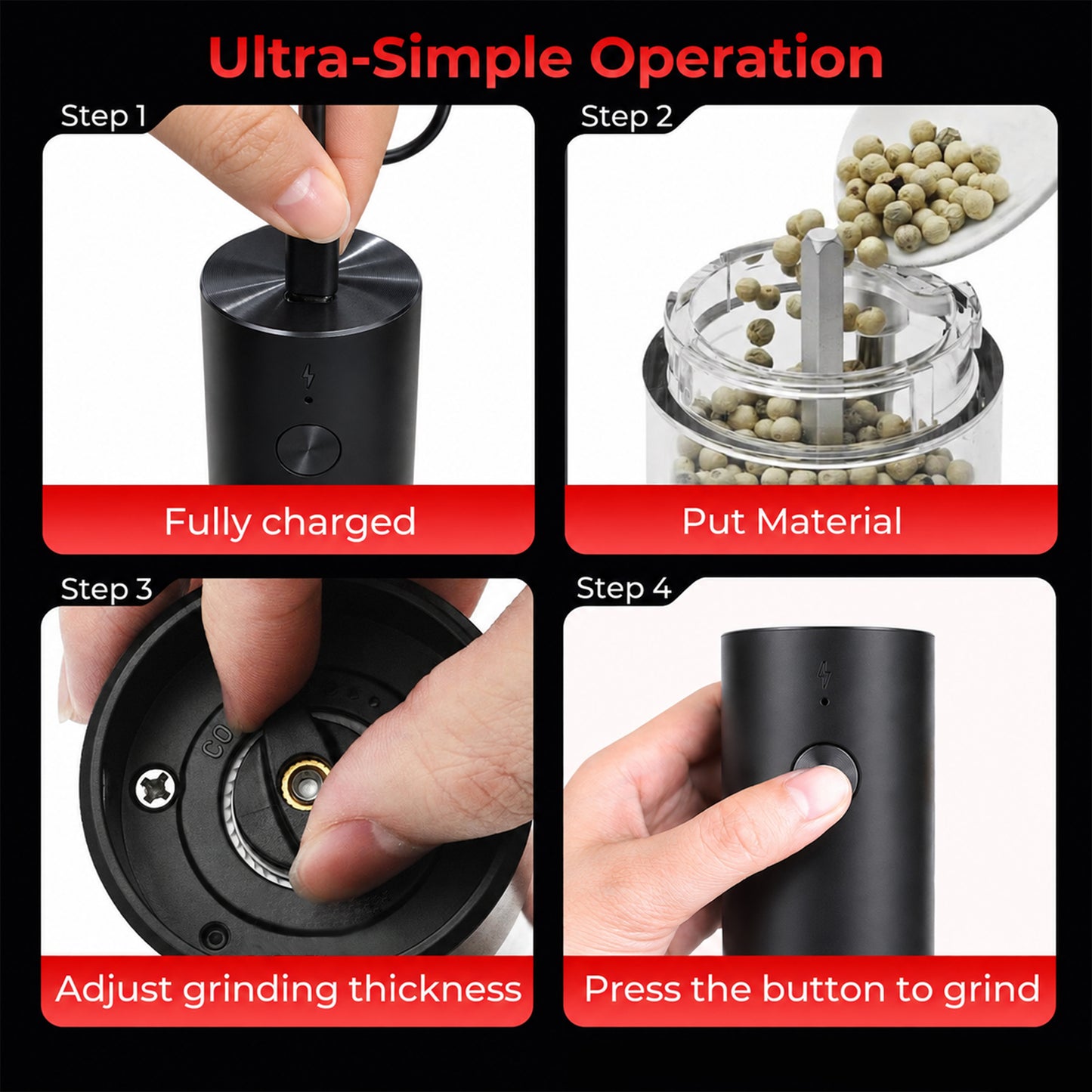 M Buder Electric Salt and Pepper Grinder Set, Automatic USB Rechargeable Pepper Mill Shakers Adjustable Coarseness Easy Filling, 2 Pack, Black