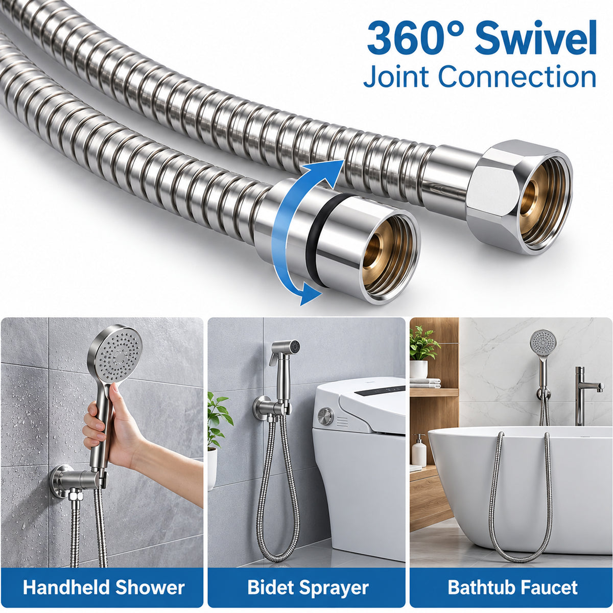 Lzsds 60-Inch 304 Stainless Steel Flexible Shower Hose with G1/2 Connection for Handheld Shower Heads, Chrome