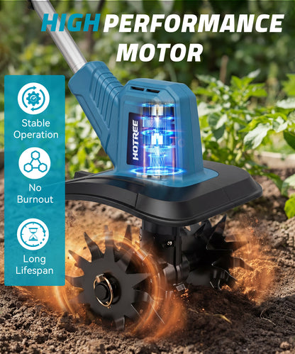 HOTREE Cordless Electric Tiller 4pcs Blades 12in Tilling Width and 8in Depth Electric Garden Rototiller 300rpm for Lawn Gardening Soil Cultivation