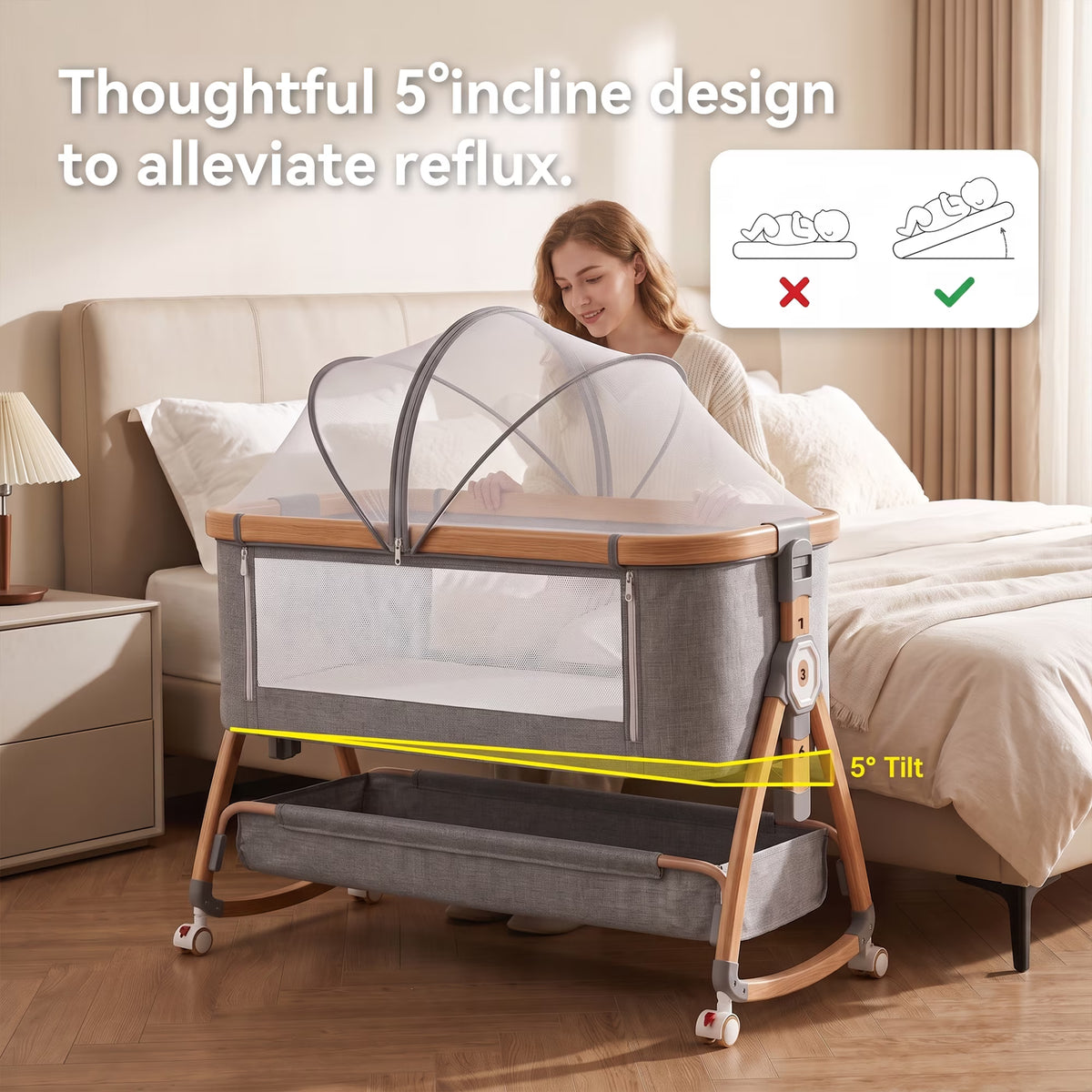 Chastar Bassinet, Foldable Bedside Bassinet with 6 Adjustable Heights and Mesh Panels, for Newborns, Gray