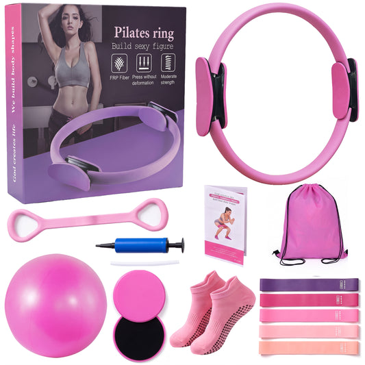 Feeray 14-Piece Pilates Equipment Kit for Women,Home Workout Set with Ring, Mini Ball, Sliders & Resistance Bands for Home Workouts