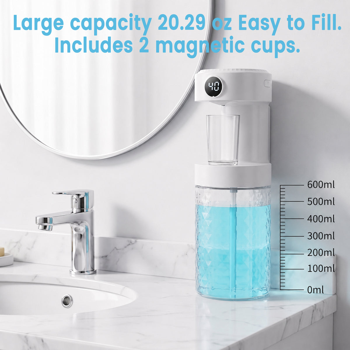 XSAPT 20.3 Oz Automatic Mouthwash Dispenser, 4-Level Adjustable, with 2 Magnetic Cups, 1-Pack