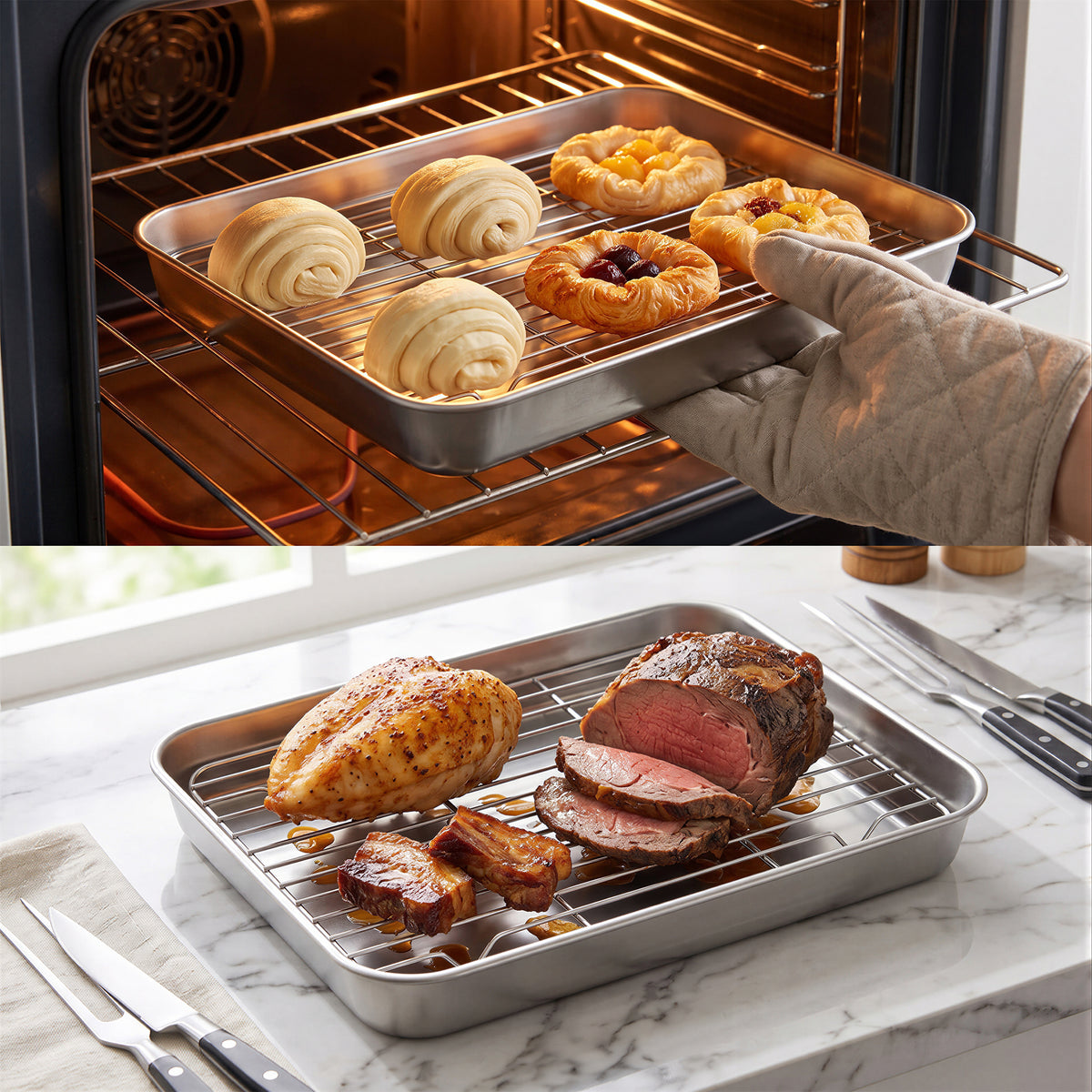 XSAPT Baking Sheet with Wire Rack, 10.24 x 7.87 inch Stainless Steel Heavy Duty Set, Silver