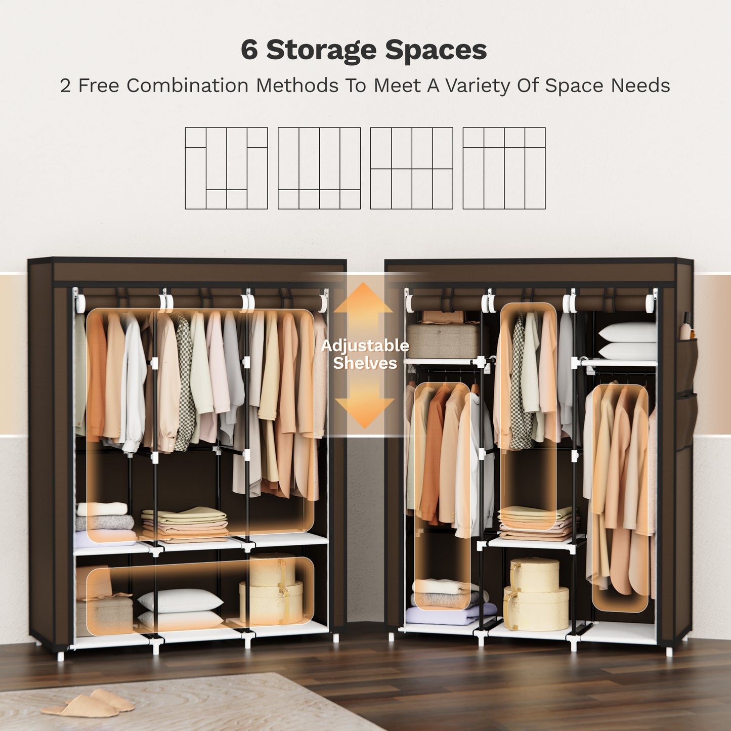 Riousery Portable Closet, 51 Inch Wardrobe Closet for Hanging Clothes 6 Storage Organizer Shelves, Brown